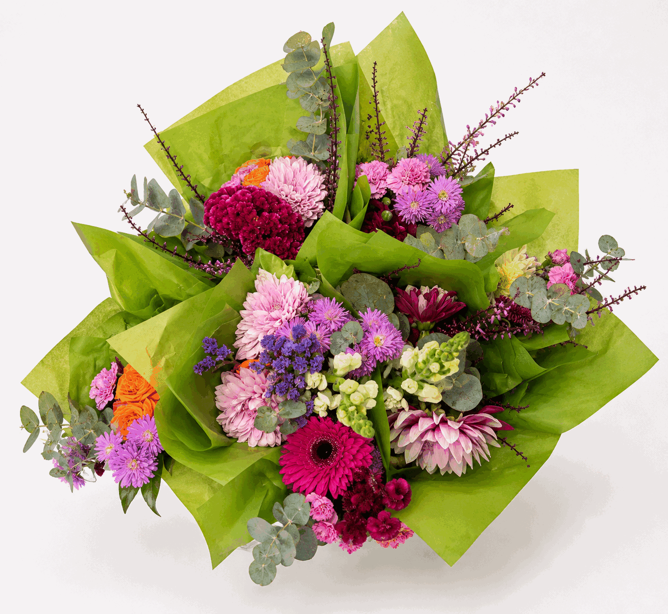 35 Motivos para Te Amar - Um buquê denso em tons de rosa e lilás, embrulhado em folha verde-viva. Ideal para dizer muito com um só gesto.