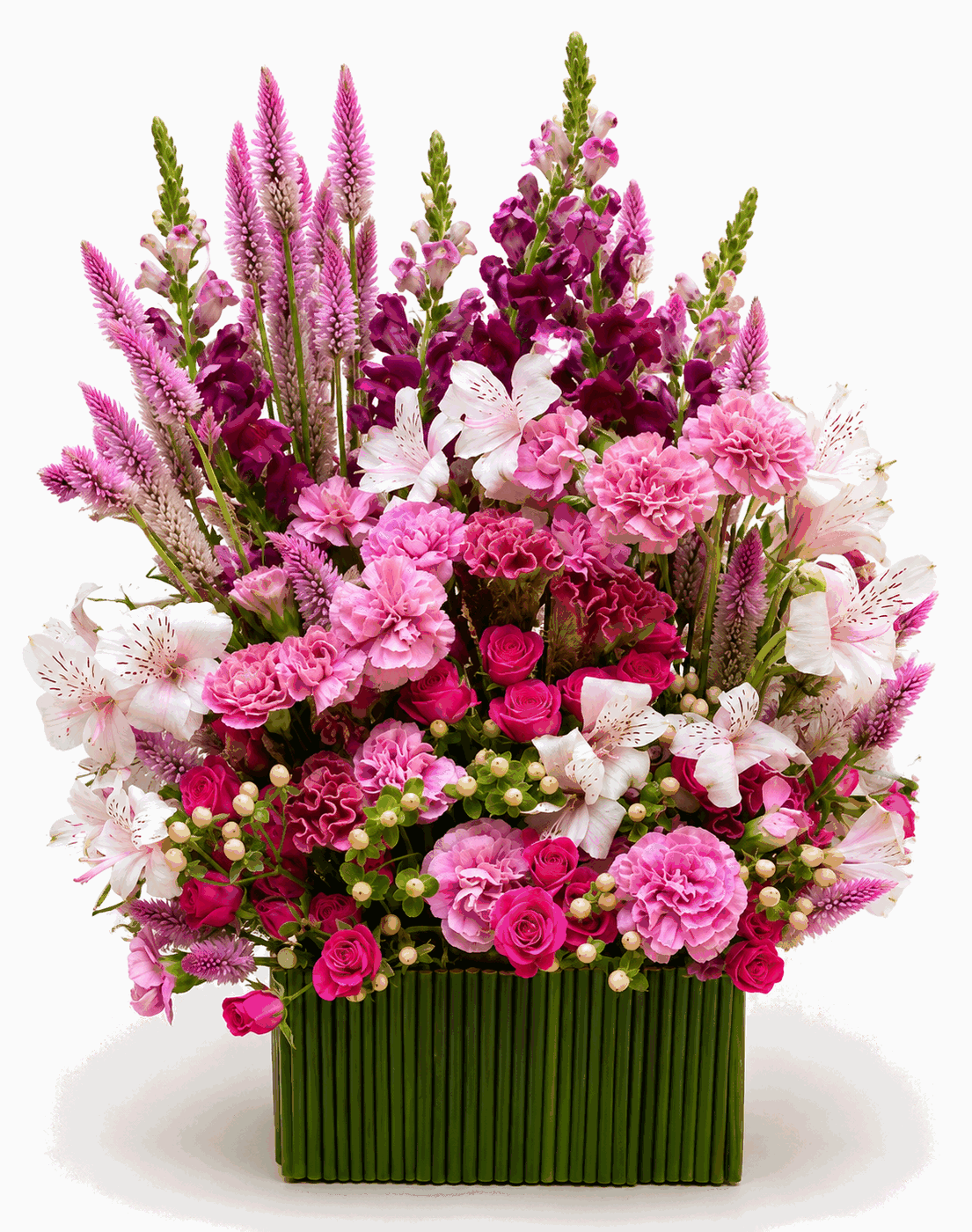 Arranjo de Mesa Encanto Rosa - Composição alta e cheia, em tons de rosa e magenta, montada em vaso estruturado. Presença de centro de mesa.