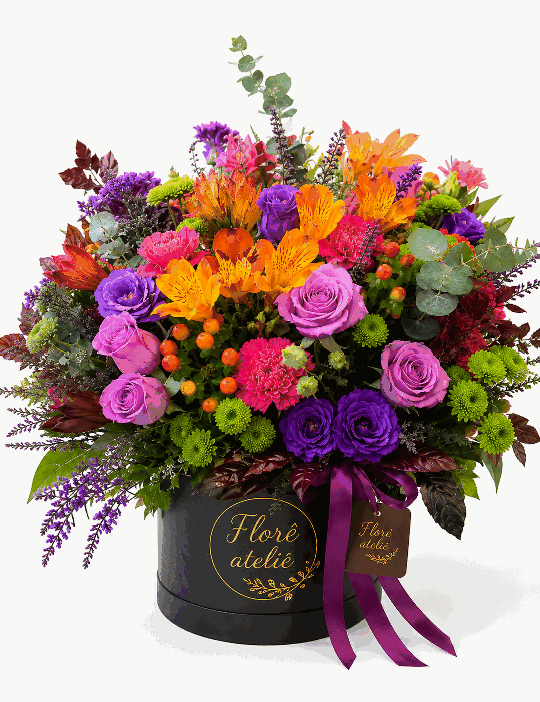 Box Pôr do Sol - Mix de laranja, magenta e roxo profundo, na caixa preta assinada Florê Ateliê, com laço.