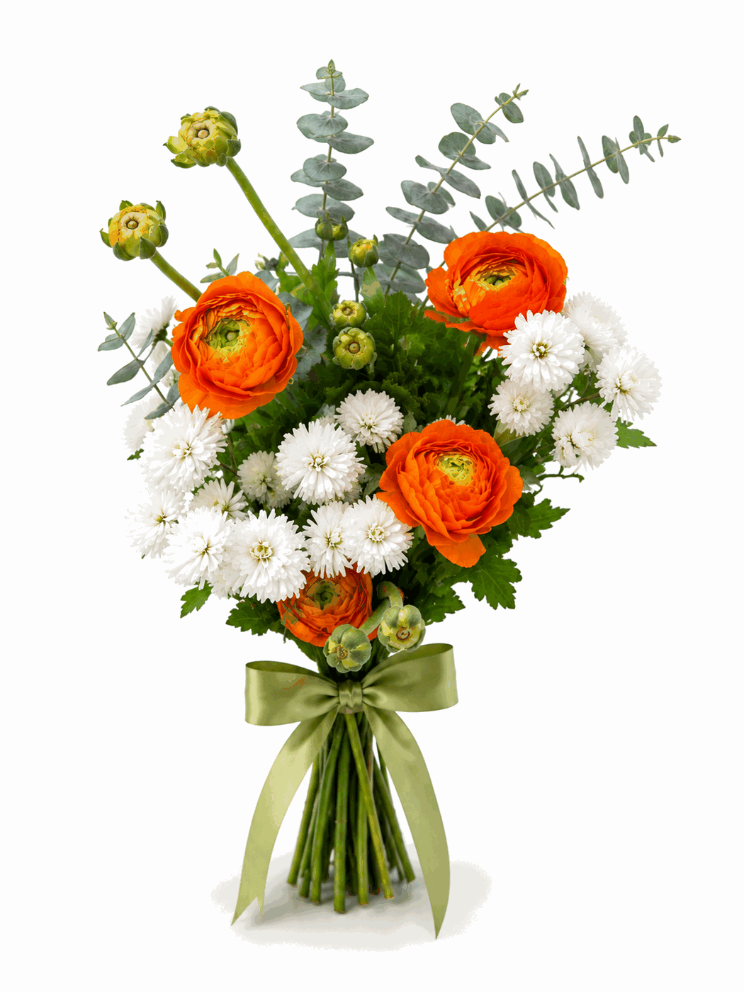 Buquê do Campo - Ranúnculos laranja e margaridas brancas, amarrados com fita. Leve, como flor recém-colhida.
