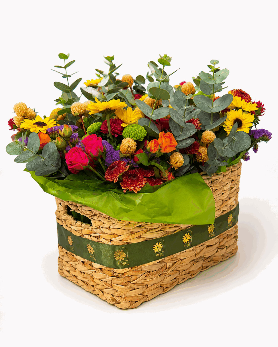 Cesta Rústica de Outono - Girassóis e flores laranja/rosa, em cesta de vime com laço verde. Aconchego de outono.