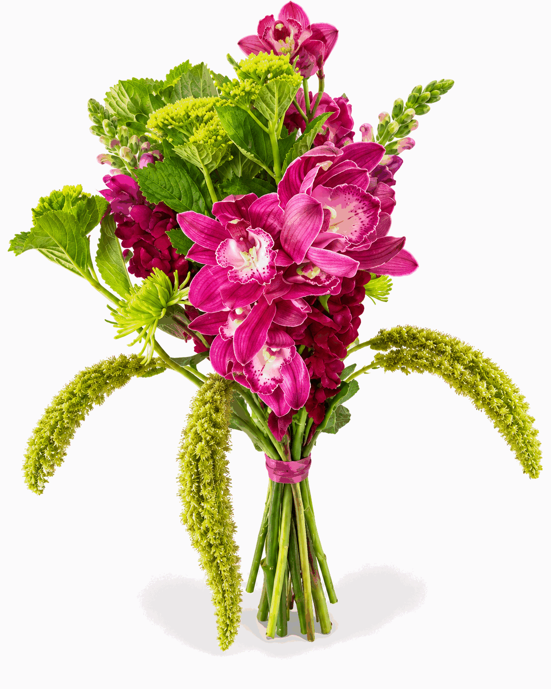Orquídea Cascata - Orquídeas magenta com amaranthus em cascata, criando movimento e altura.